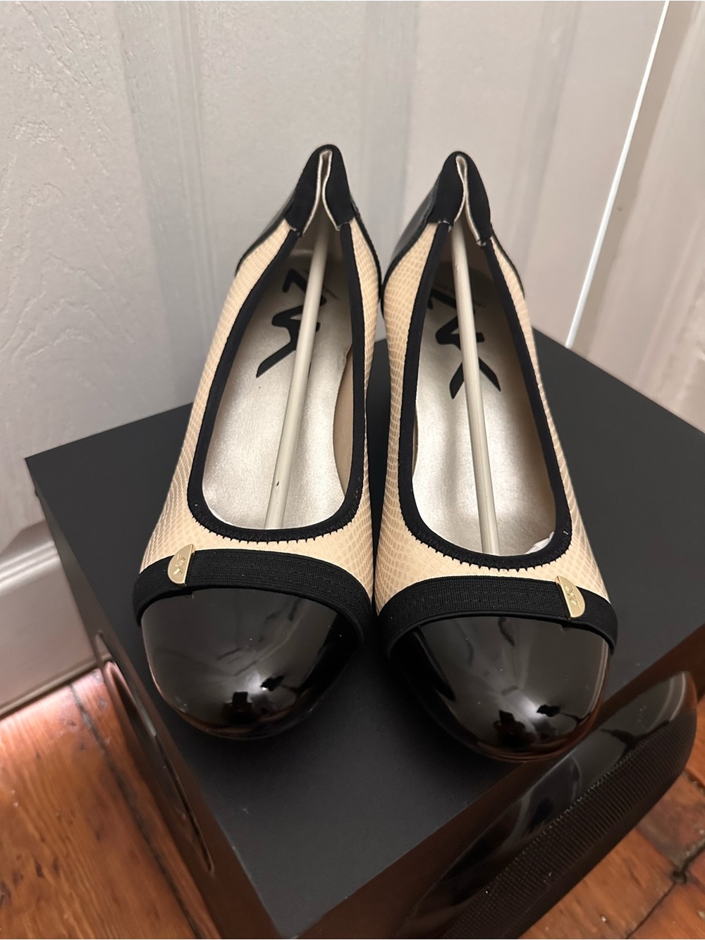 Anne Klein Two-Tone Beige and Black Cap-Toe Two & Half Inch Heels